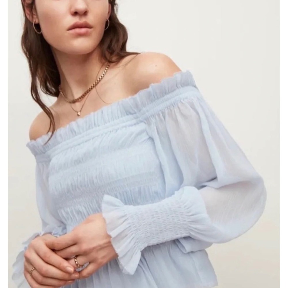 AllSaints Lara Off The Shoulder Top Blouse‎ 10 Light Baby Blue Smocked Chiffon
